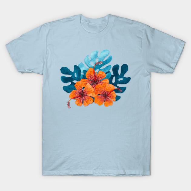 Tropical orange hibiscus flowers T-Shirt by ArtLovePassion